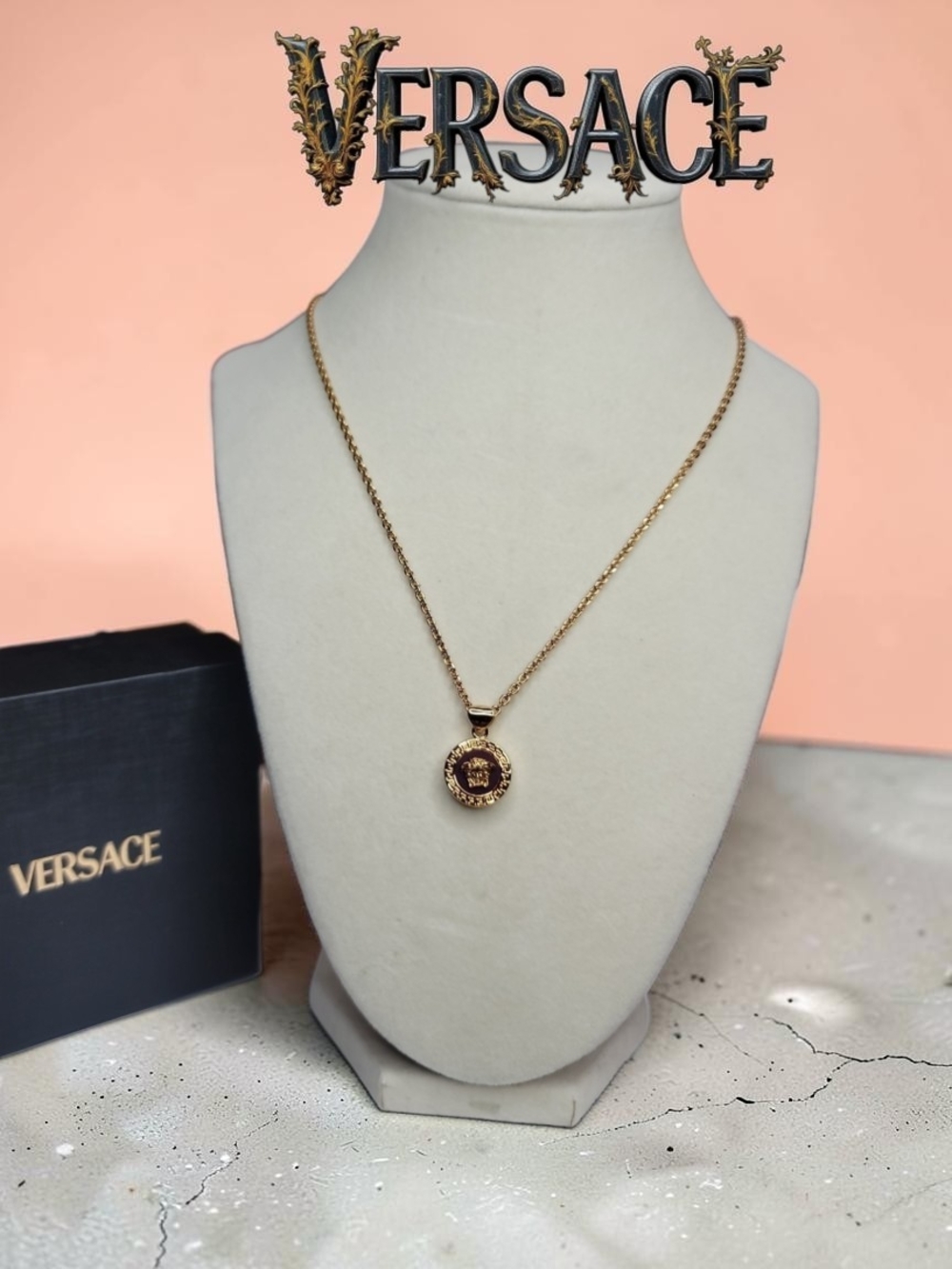 Versace Medusa Head Round Purple Enamel Pendant Necklace With Box